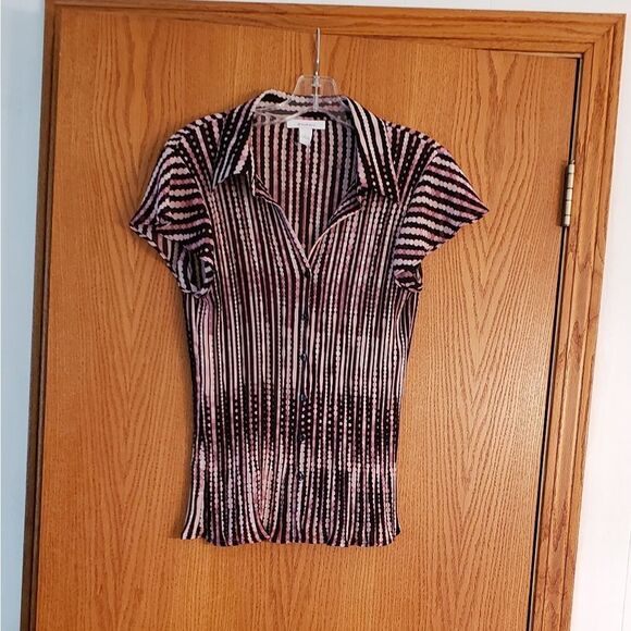 Dressbarn Silky Pleated Purple White Black Top Sz L - Picture 3 of 7